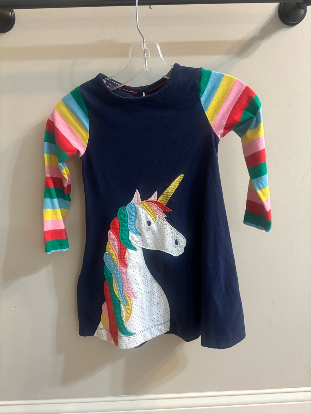 Mini Boden Navy Long-Sleeve Dress with Rainbow-Striped Sleeves